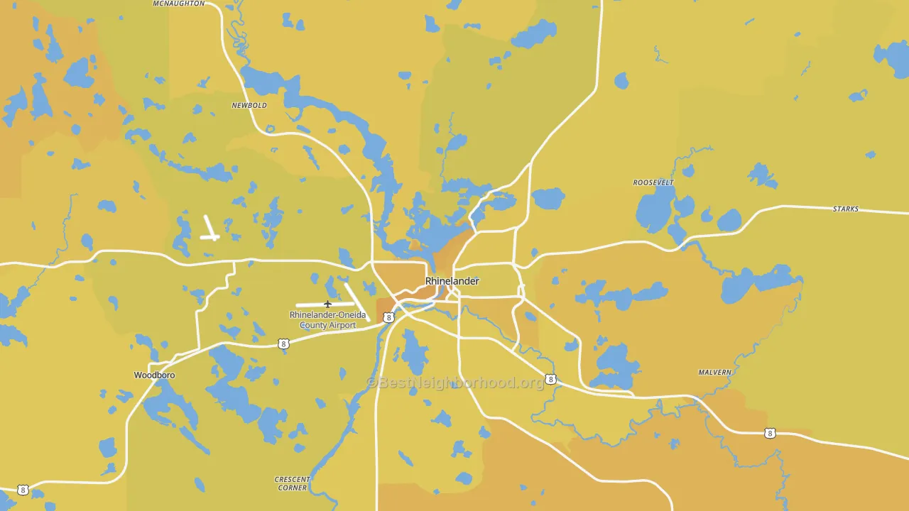 Map of the best neighborhoods in the 54501 area, with better matches in green and worse matches in red