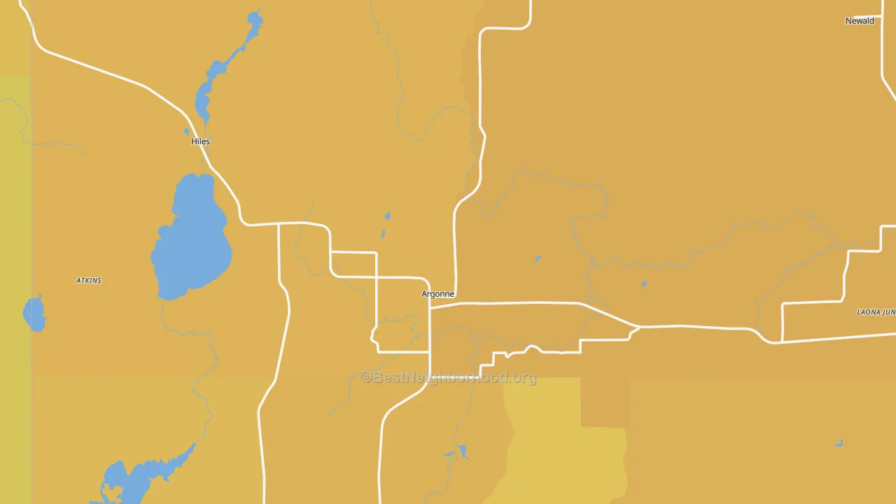Map of the best neighborhoods in the 54511 area, with better matches in green and worse matches in red