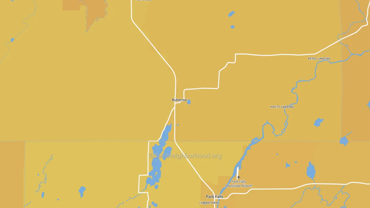 Map of the best neighborhoods in the 54514 area, with better matches in green and worse matches in red