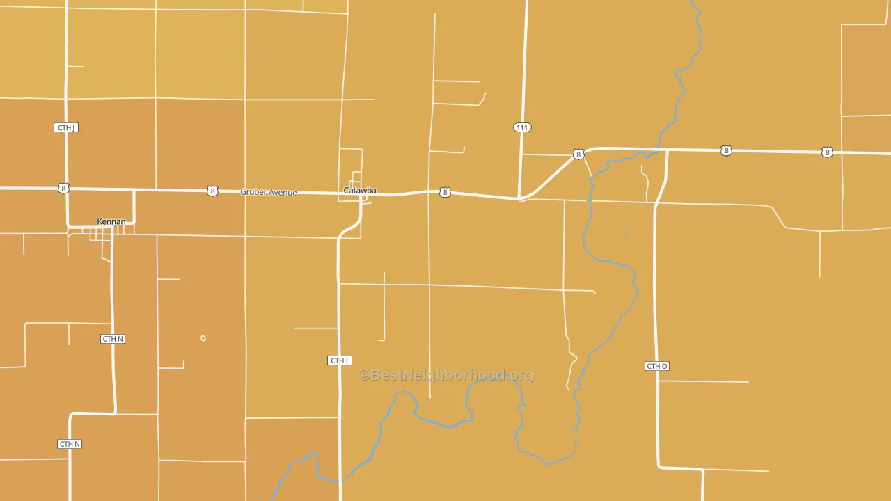 Map of the best neighborhoods in the 54515 area, with better matches in green and worse matches in red