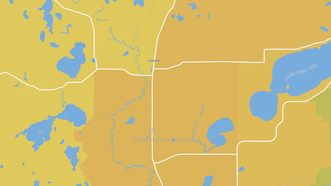 Map of the best neighborhoods in the 54519 area, with better matches in green and worse matches in red