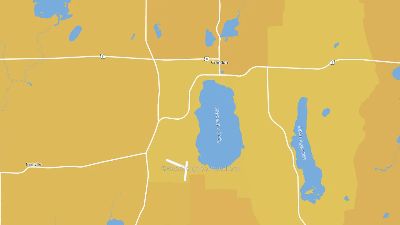Map of the best neighborhoods in the 54520 area, with better matches in green and worse matches in red