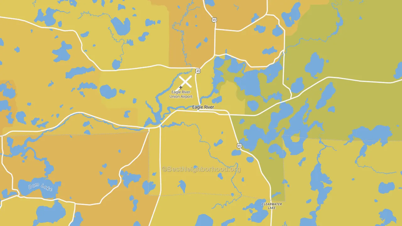 Map of the best neighborhoods in the 54521 area, with better matches in green and worse matches in red