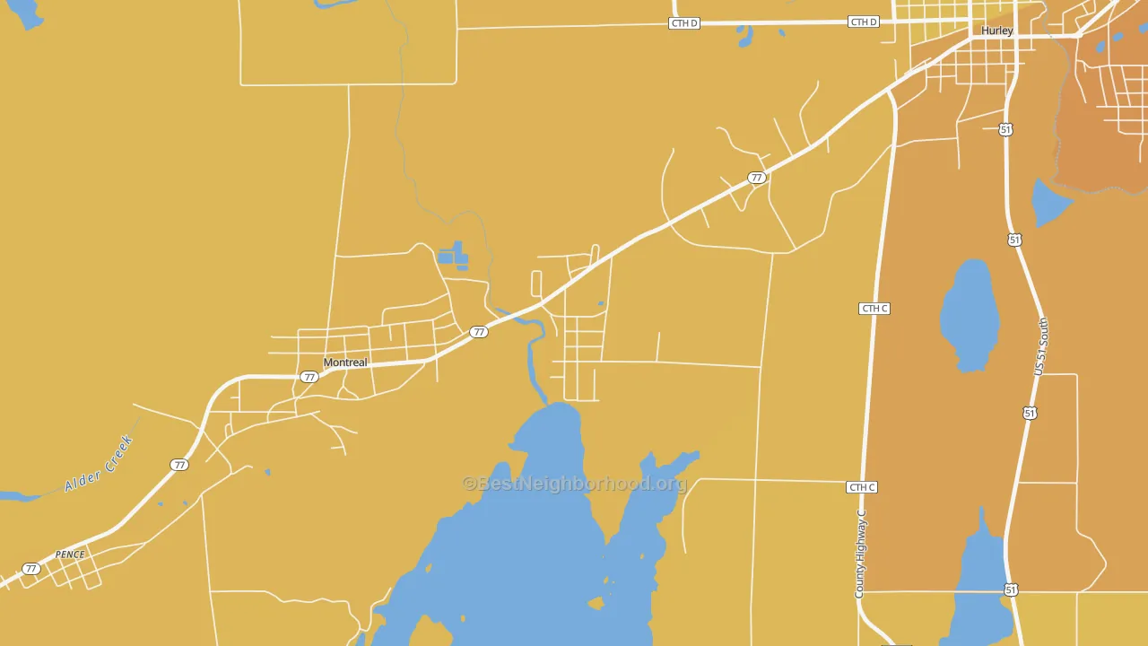Map of the best neighborhoods in the 54525 area, with better matches in green and worse matches in red