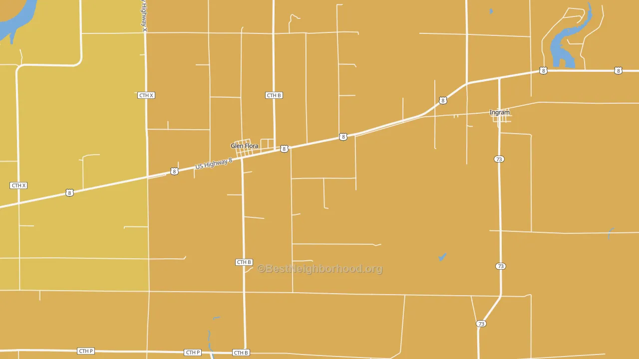 Map of the best neighborhoods in the 54526 area, with better matches in green and worse matches in red