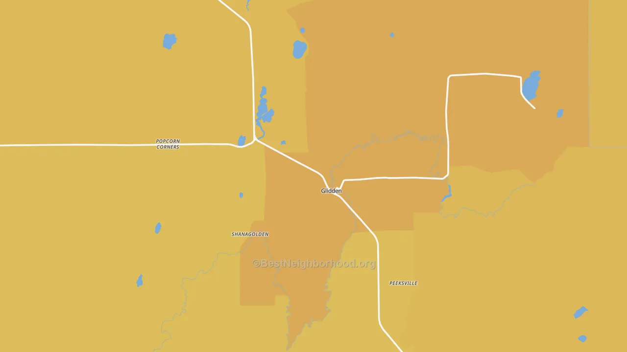Map of the best neighborhoods in the 54527 area, with better matches in green and worse matches in red