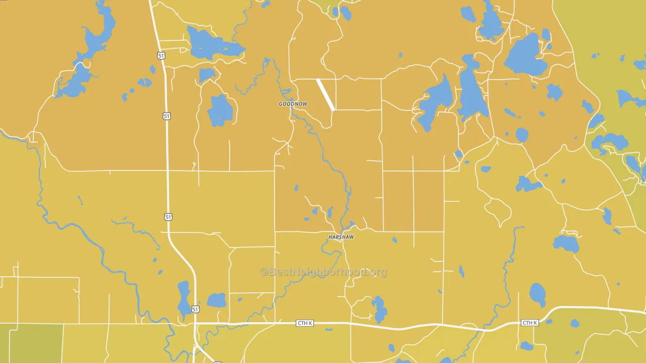 Map of the best neighborhoods in the 54529 area, with better matches in green and worse matches in red