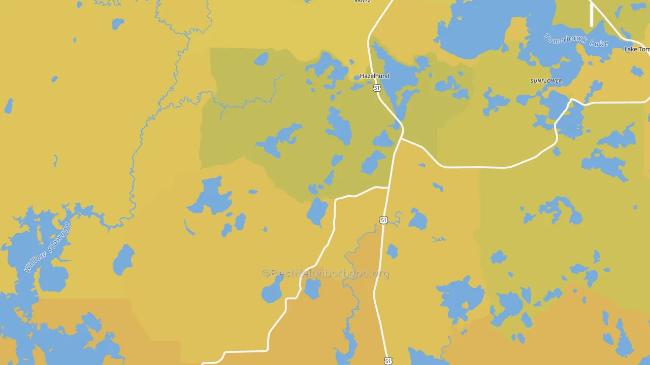 Map of the best neighborhoods in the 54531 area, with better matches in green and worse matches in red