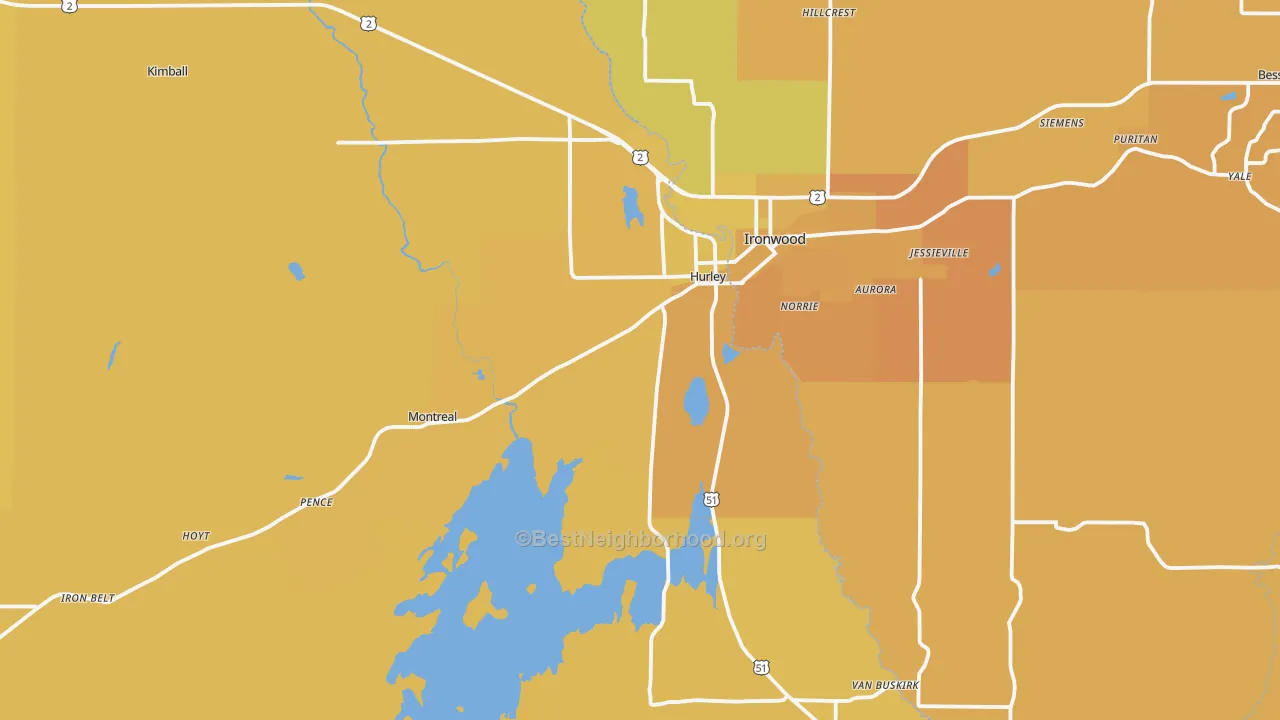 Map of the best neighborhoods in the 54534 area, with better matches in green and worse matches in red