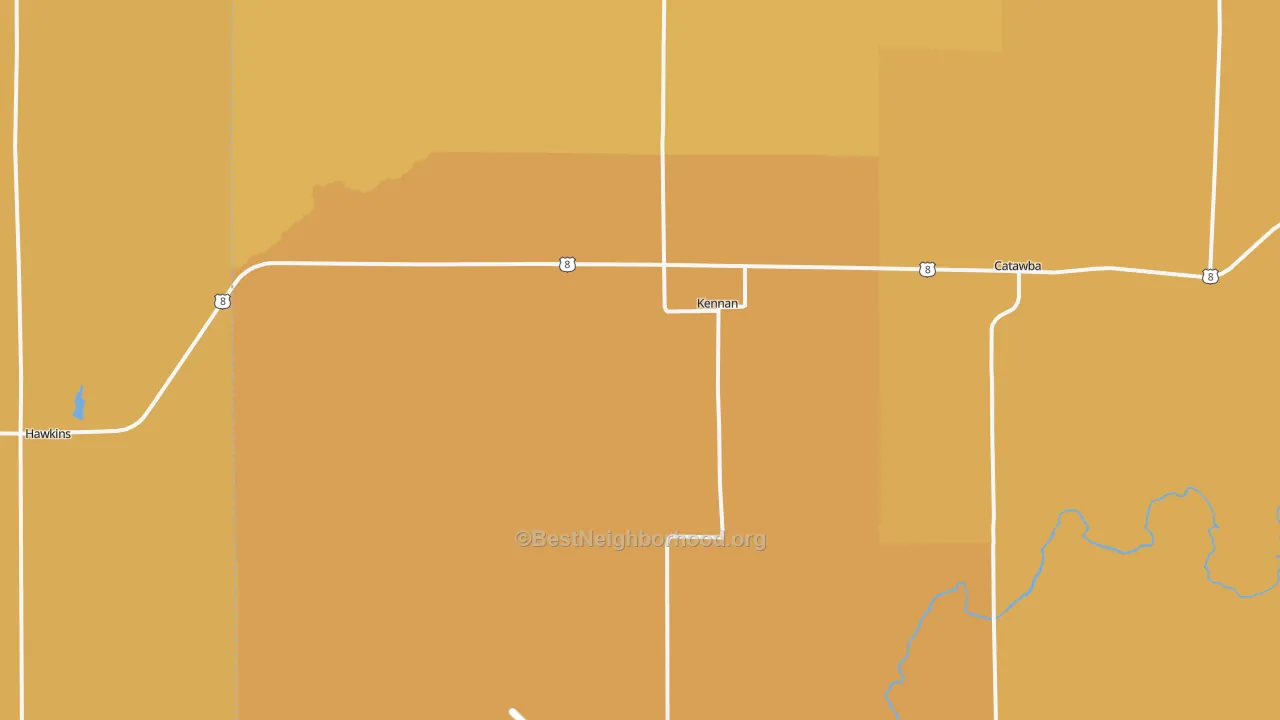 Map of the best neighborhoods in the 54537 area, with better matches in green and worse matches in red