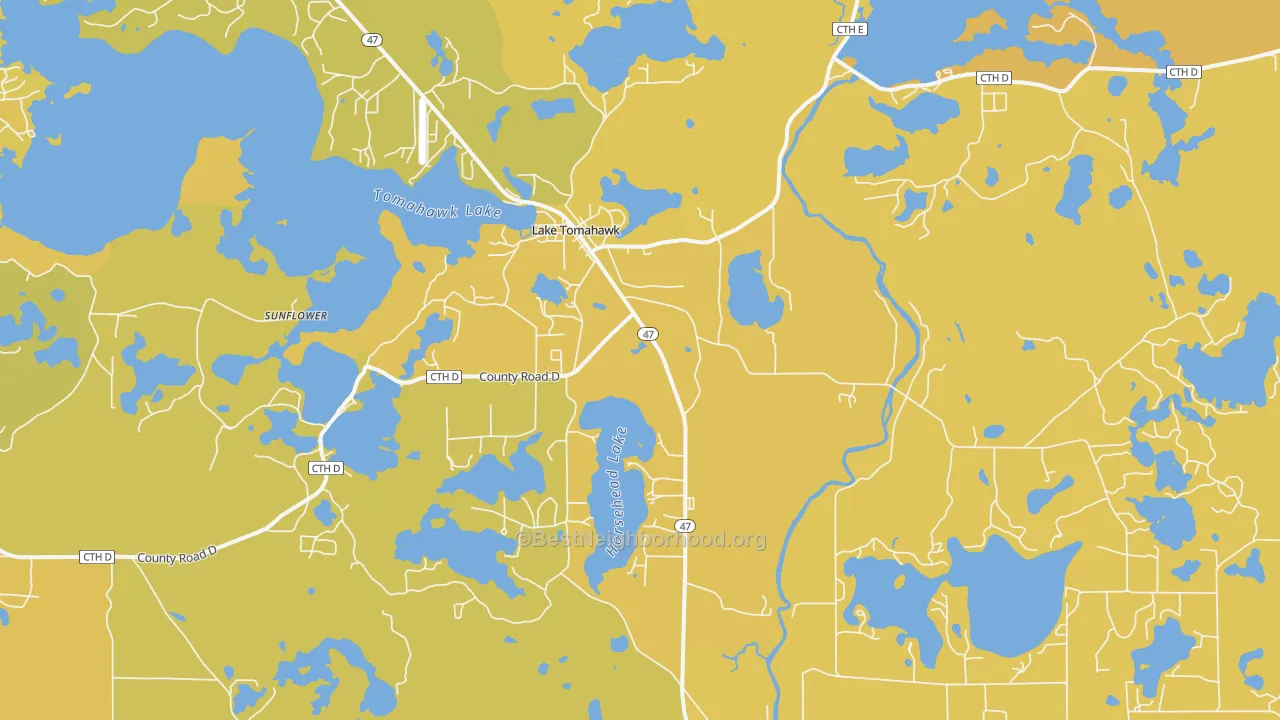 Map of the best neighborhoods in the 54539 area, with better matches in green and worse matches in red