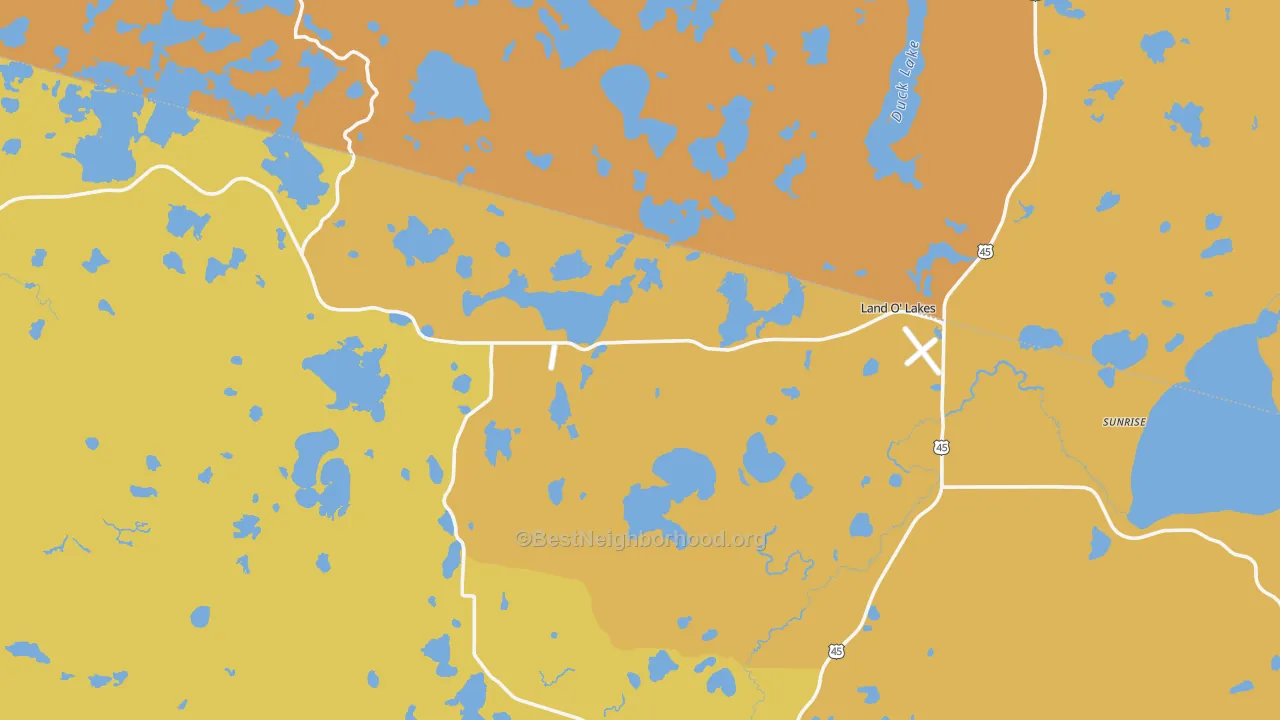 Map of the best neighborhoods in the 54540 area, with better matches in green and worse matches in red