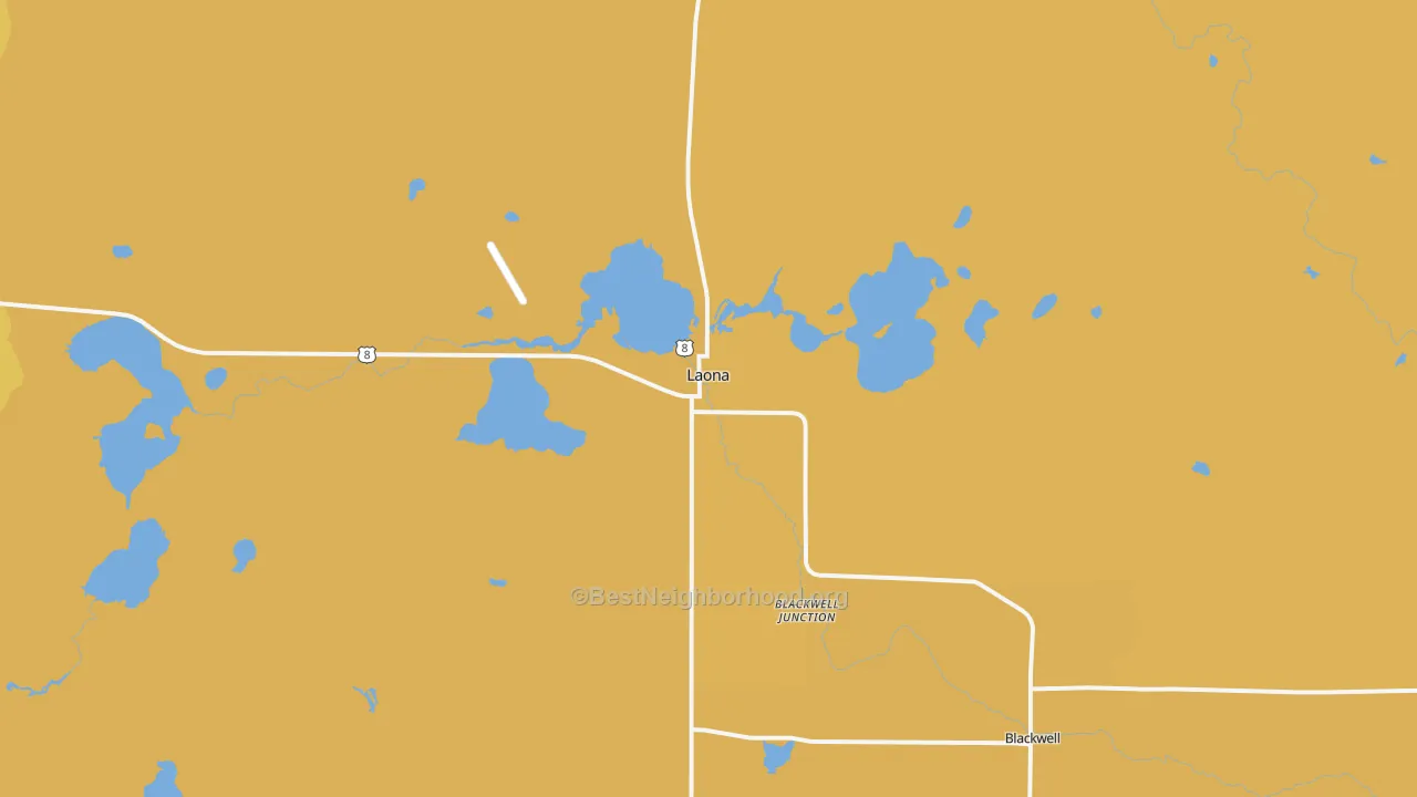 Map of the best neighborhoods in the 54541 area, with better matches in green and worse matches in red