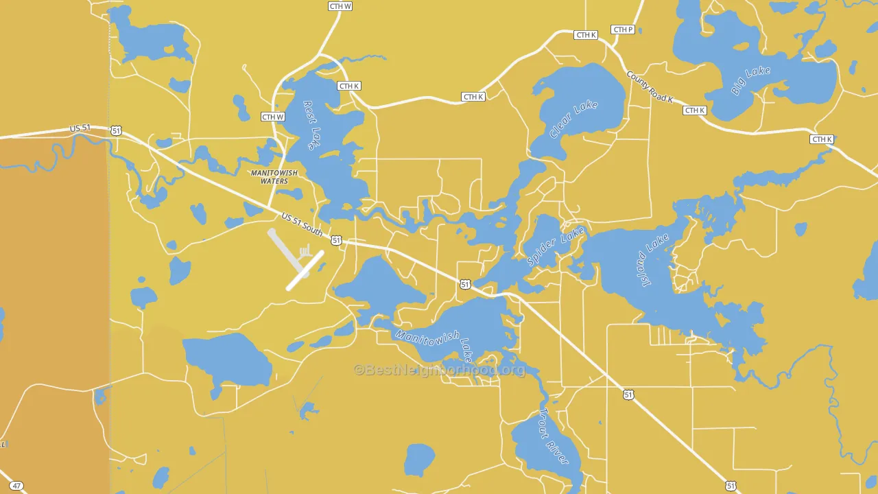 Map of the best neighborhoods in the 54545 area, with better matches in green and worse matches in red