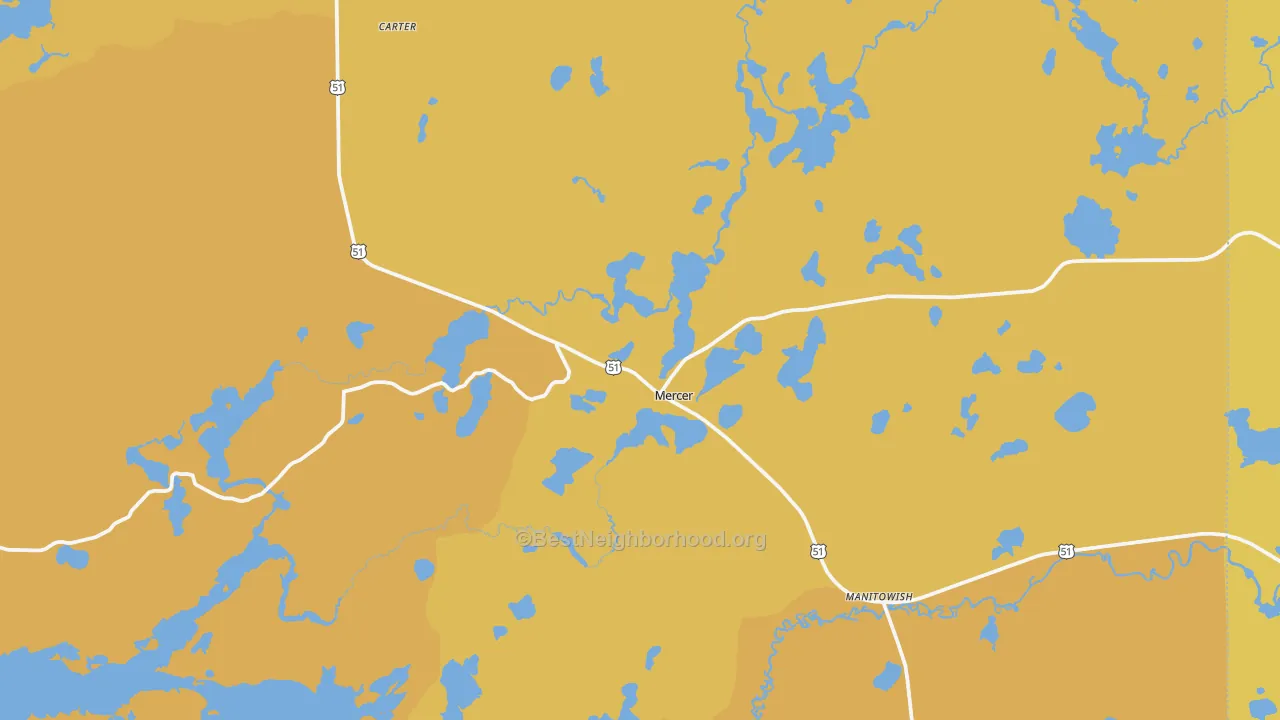 Map of the best neighborhoods in the 54547 area, with better matches in green and worse matches in red