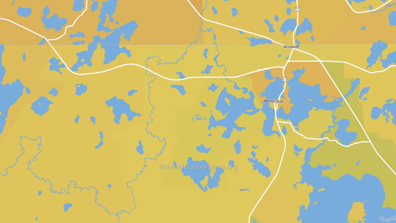 Map of the best neighborhoods in the 54548 area, with better matches in green and worse matches in red