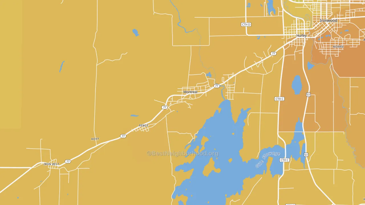 Map of the best neighborhoods in the 54550 area, with better matches in green and worse matches in red