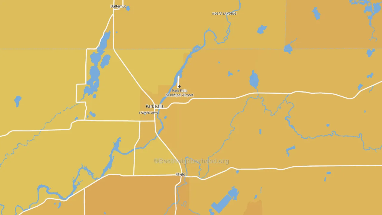 Map of the best neighborhoods in the 54552 area, with better matches in green and worse matches in red