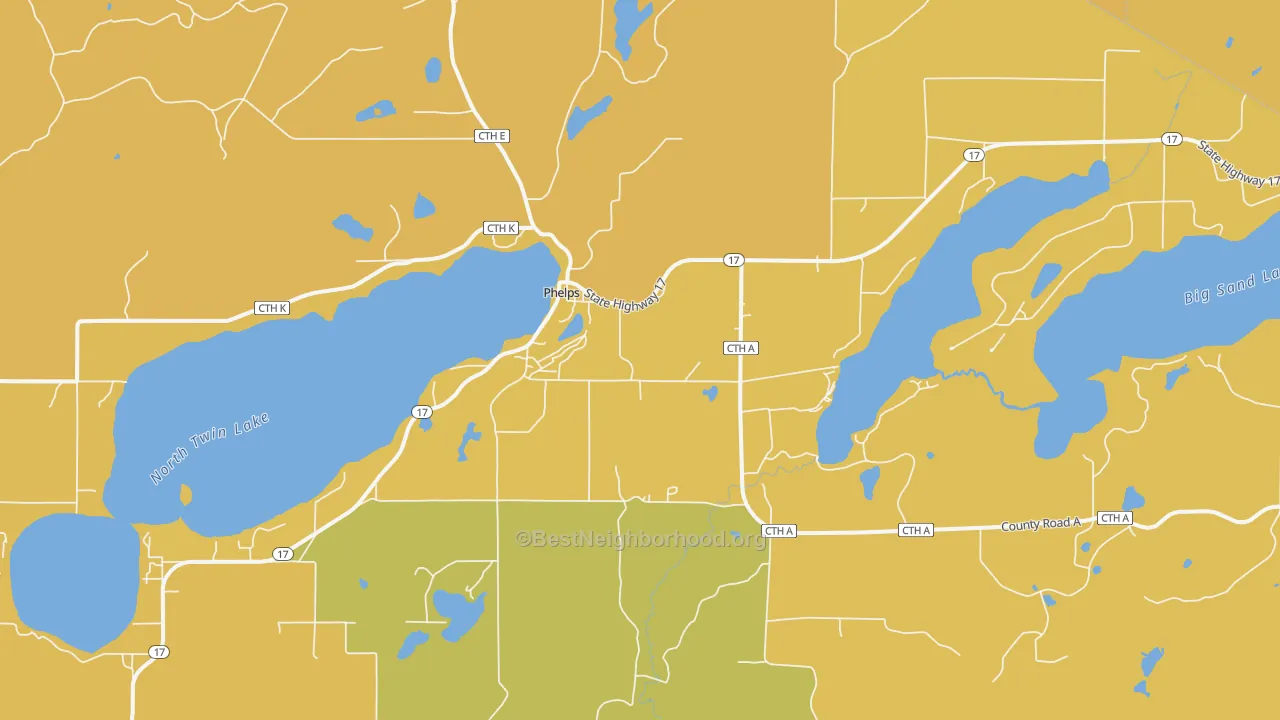 Map of the best neighborhoods in the 54554 area, with better matches in green and worse matches in red