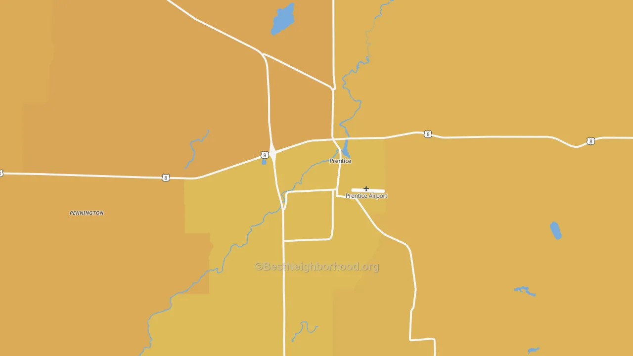 Map of the best neighborhoods in the 54556 area, with better matches in green and worse matches in red