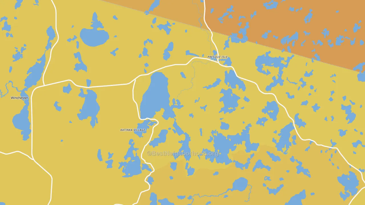 Map of the best neighborhoods in the 54557 area, with better matches in green and worse matches in red