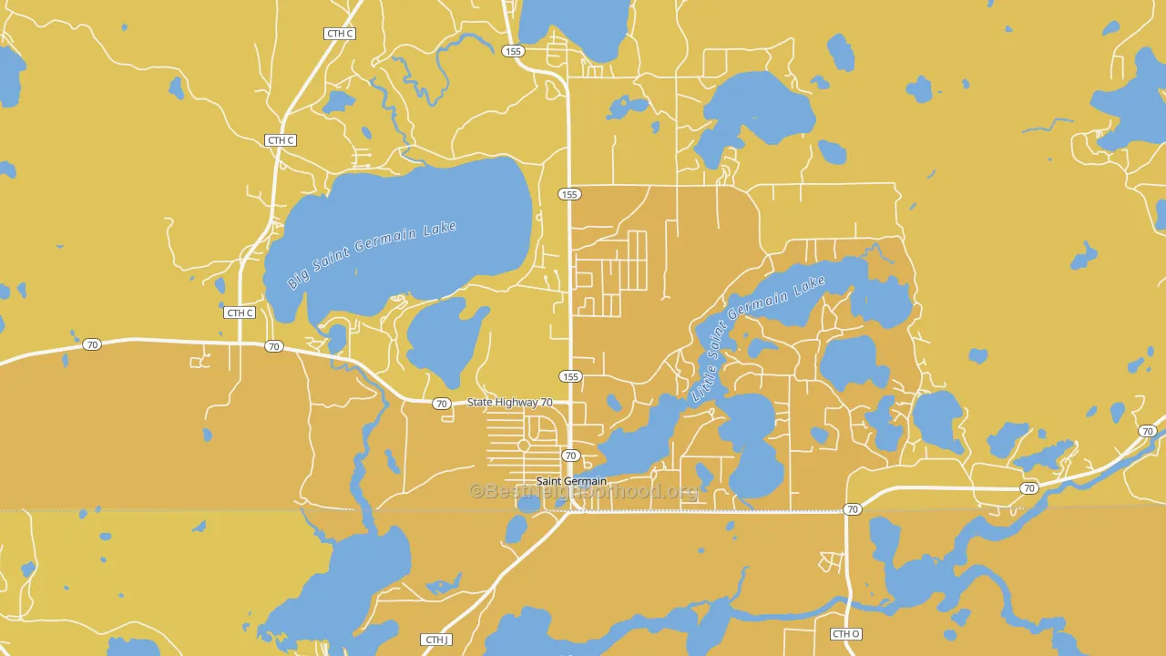 Map of the best neighborhoods in the 54558 area, with better matches in green and worse matches in red