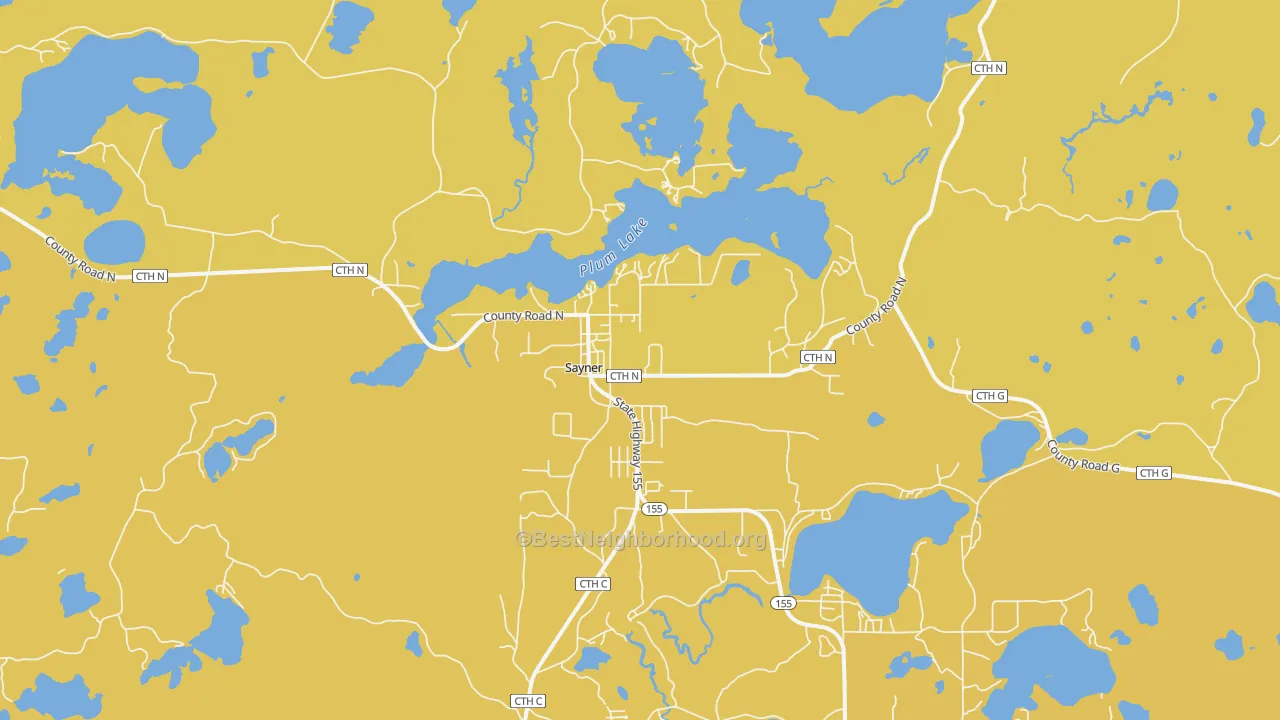 Map of the best neighborhoods in the 54560 area, with better matches in green and worse matches in red