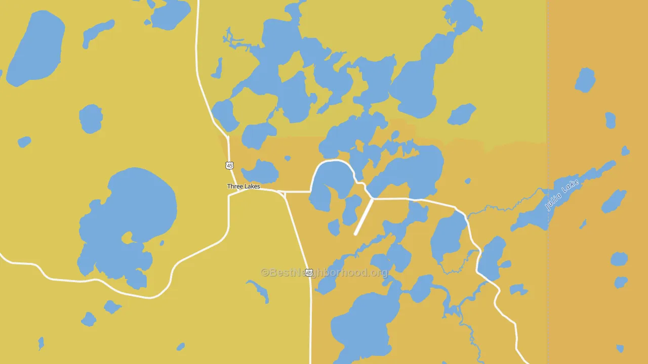 Map of the best neighborhoods in the 54562 area, with better matches in green and worse matches in red