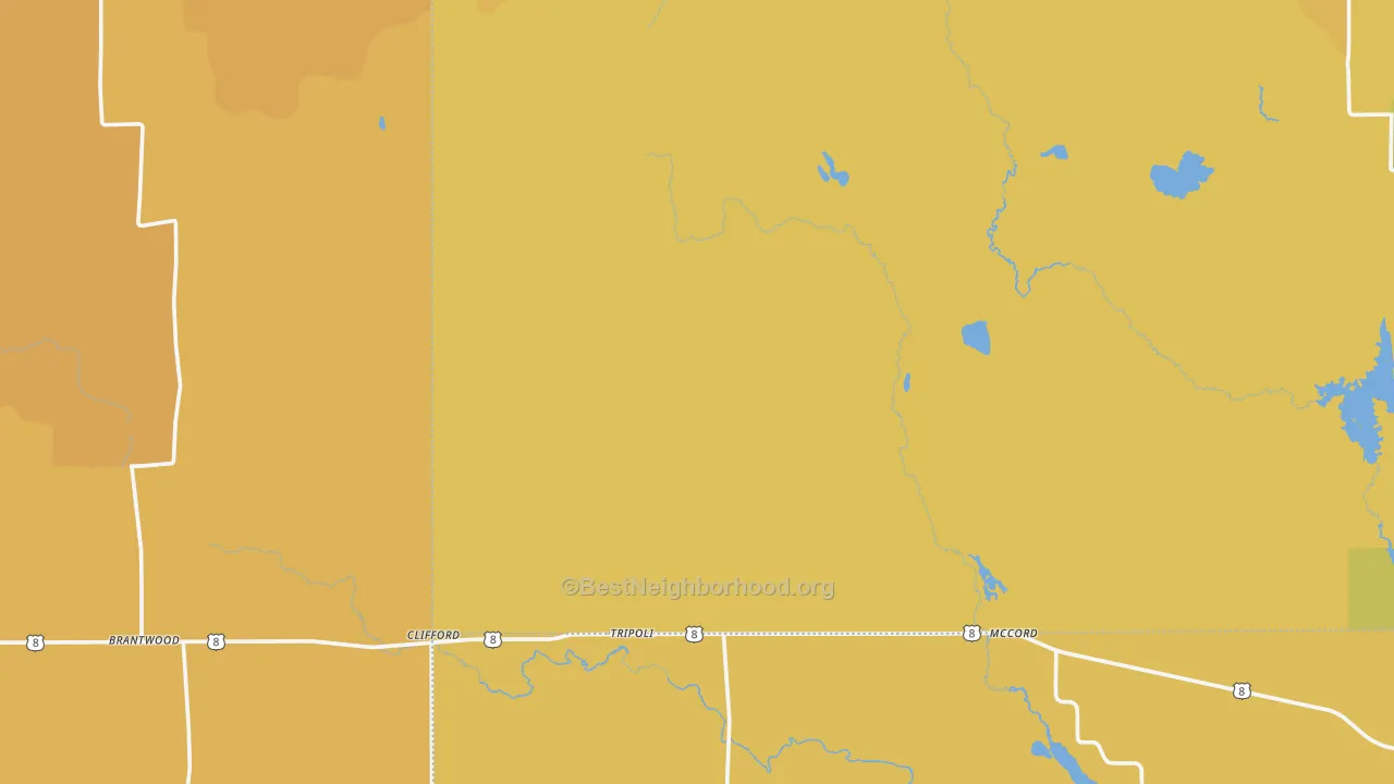 Map of the best neighborhoods in the 54564 area, with better matches in green and worse matches in red