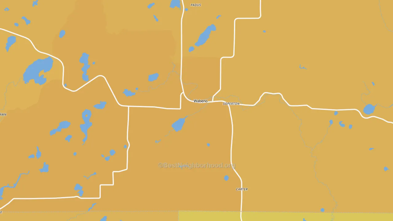 Map of the best neighborhoods in the 54566 area, with better matches in green and worse matches in red