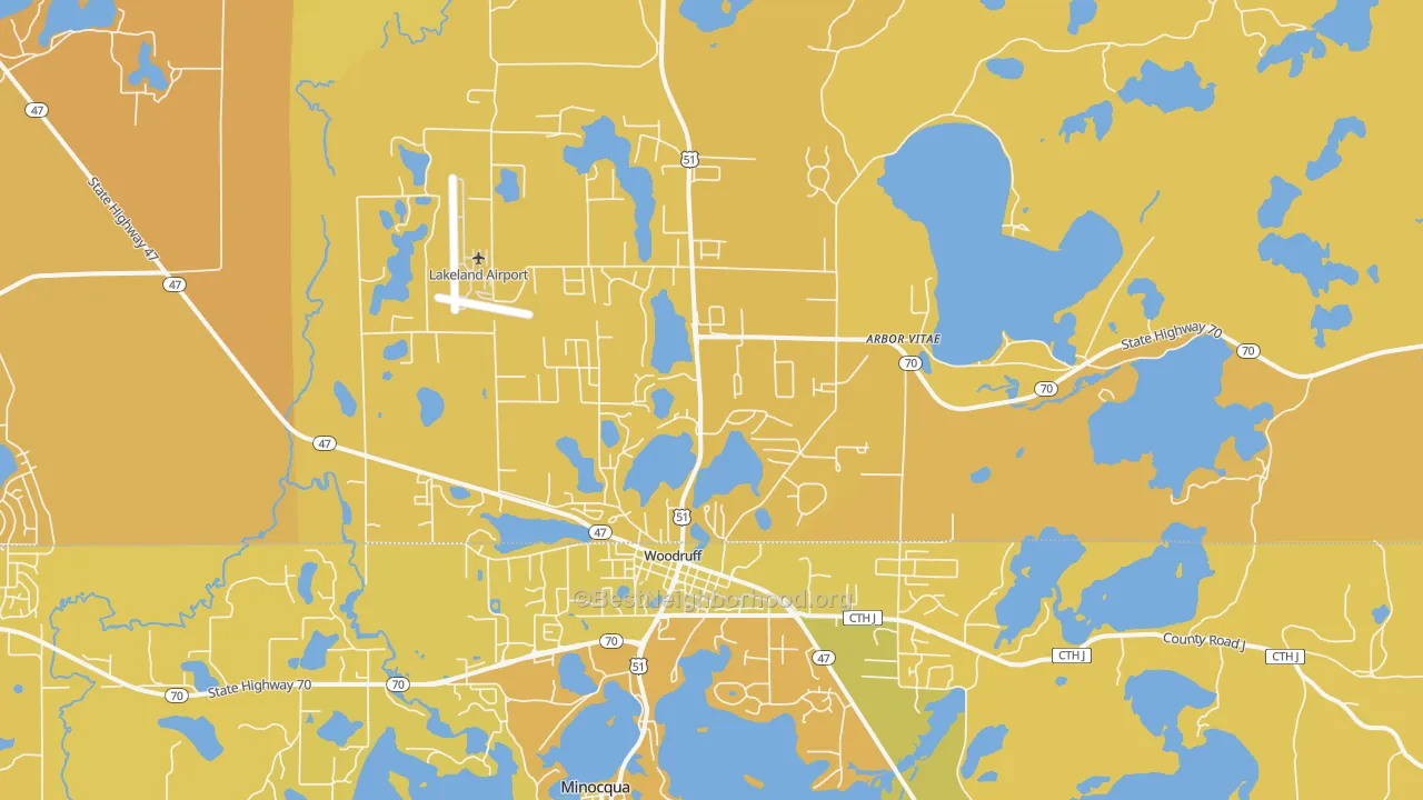 Map of the best neighborhoods in the 54568 area, with better matches in green and worse matches in red