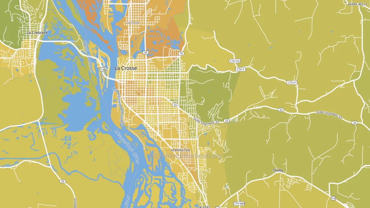 Map of the best neighborhoods in the 54601 area, with better matches in green and worse matches in red