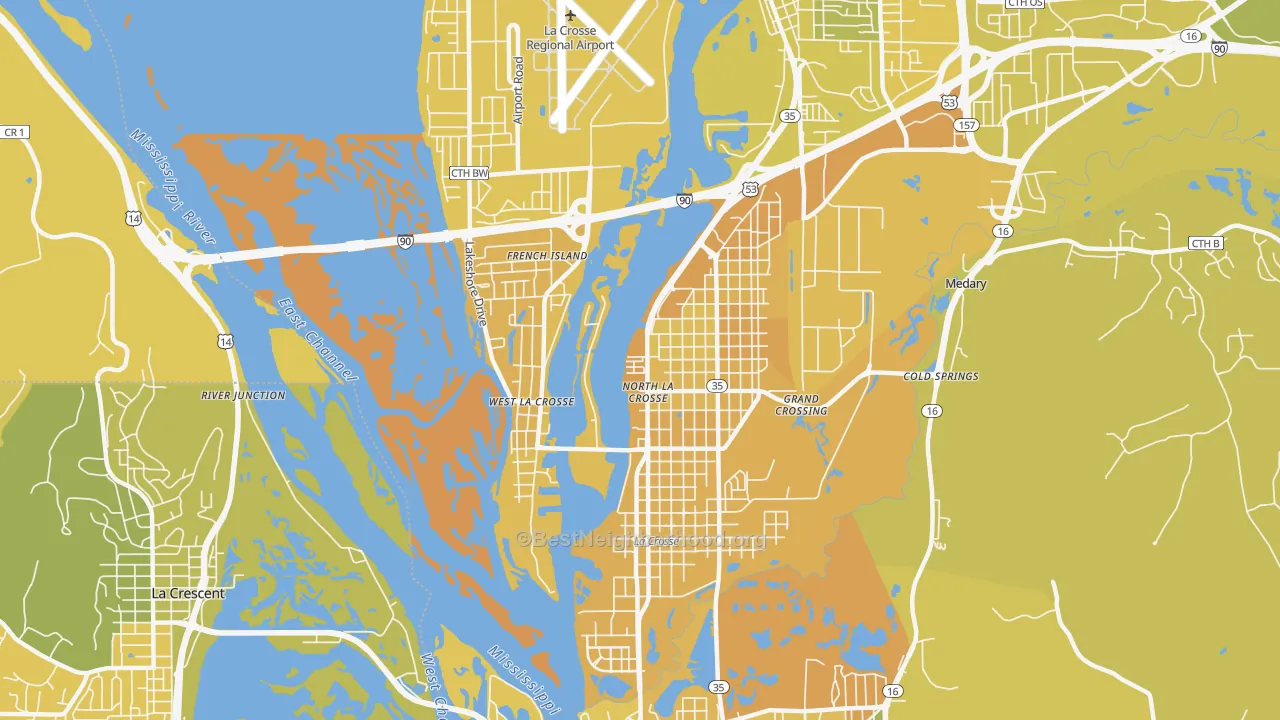 Map of the best neighborhoods in the 54603 area, with better matches in green and worse matches in red