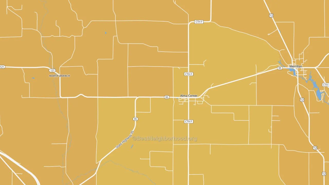 Map of the best neighborhoods in the 54611 area, with better matches in green and worse matches in red