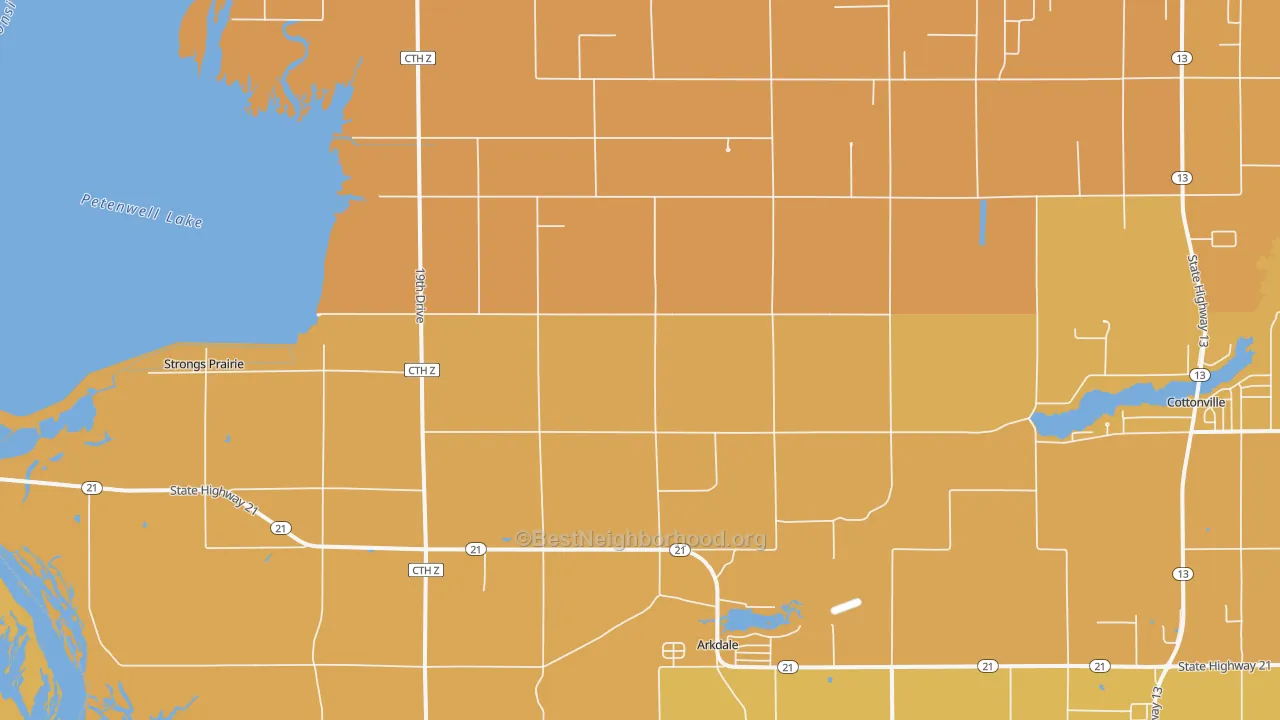 Map of the best neighborhoods in the 54613 area, with better matches in green and worse matches in red