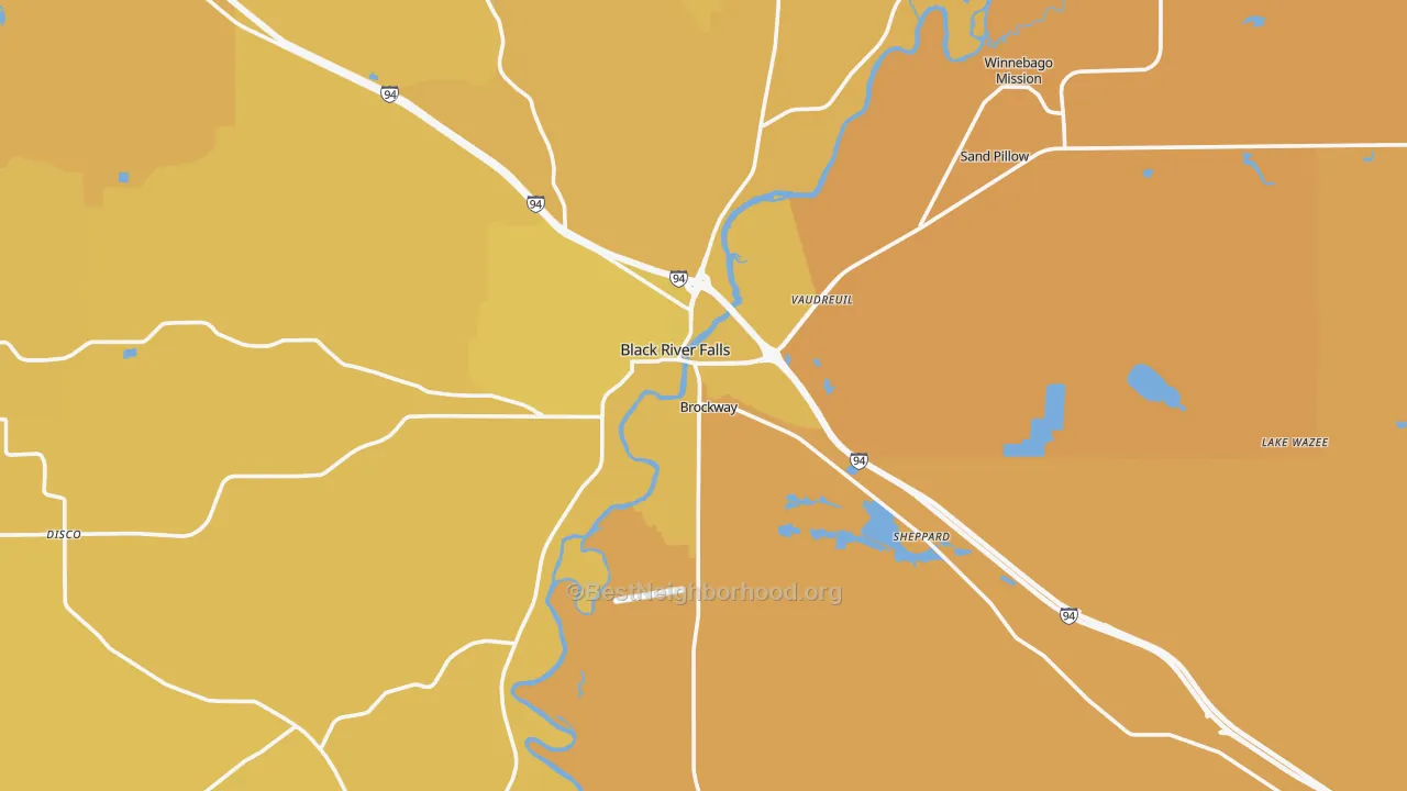Map of the best neighborhoods in the 54615 area, with better matches in green and worse matches in red