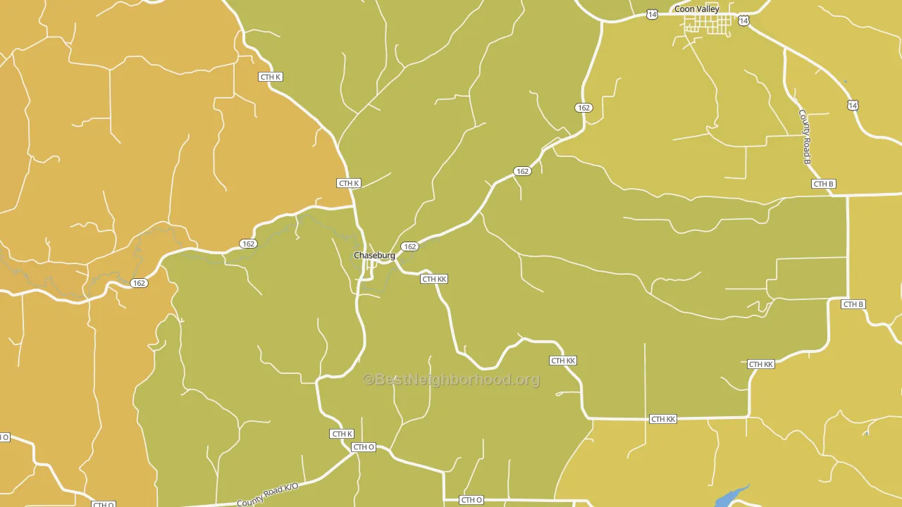 Map of the best neighborhoods in the 54621 area, with better matches in green and worse matches in red