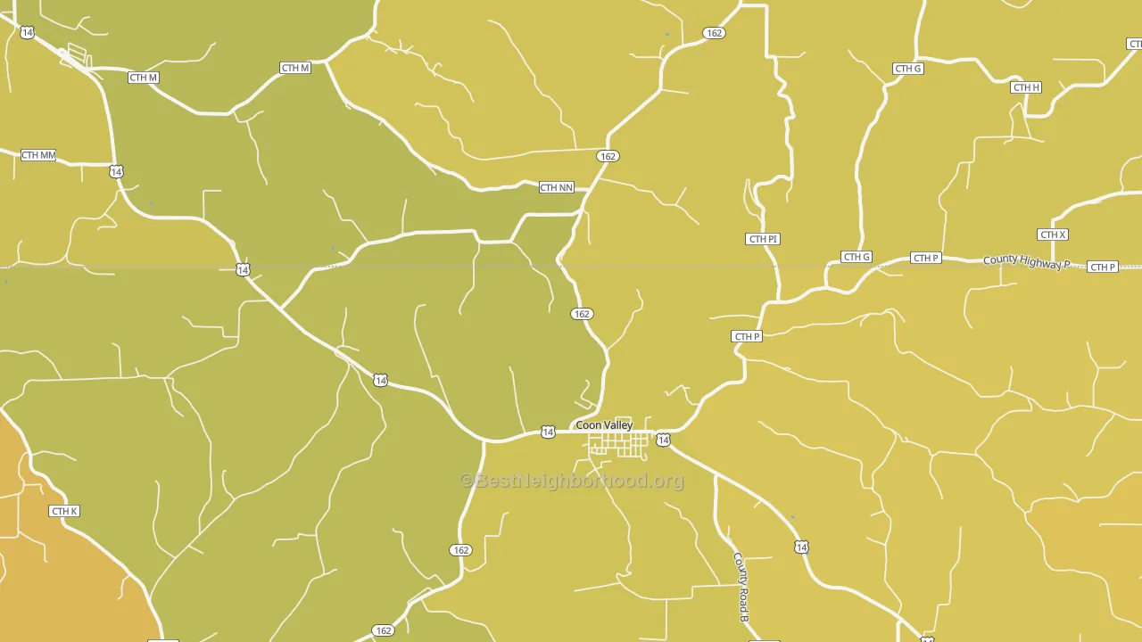 Map of the best neighborhoods in the 54623 area, with better matches in green and worse matches in red