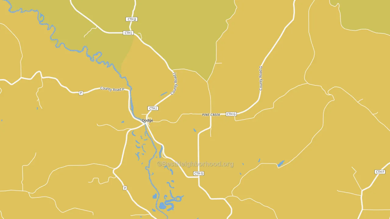 Map of the best neighborhoods in the 54625 area, with better matches in green and worse matches in red