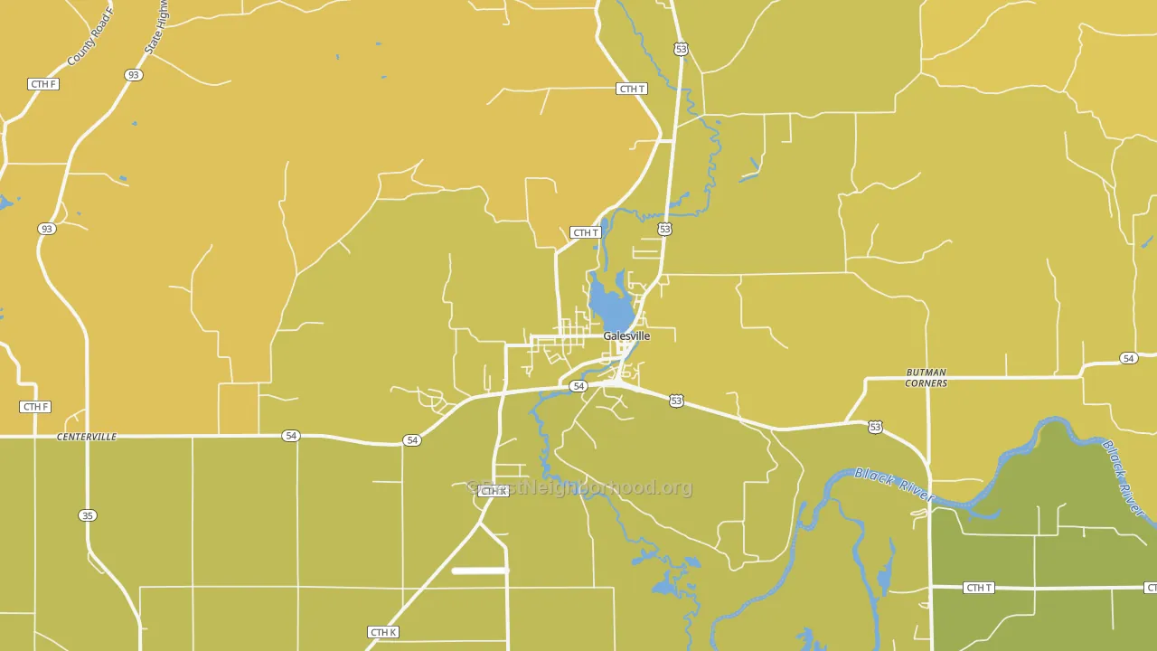 Map of the best neighborhoods in the 54630 area, with better matches in green and worse matches in red