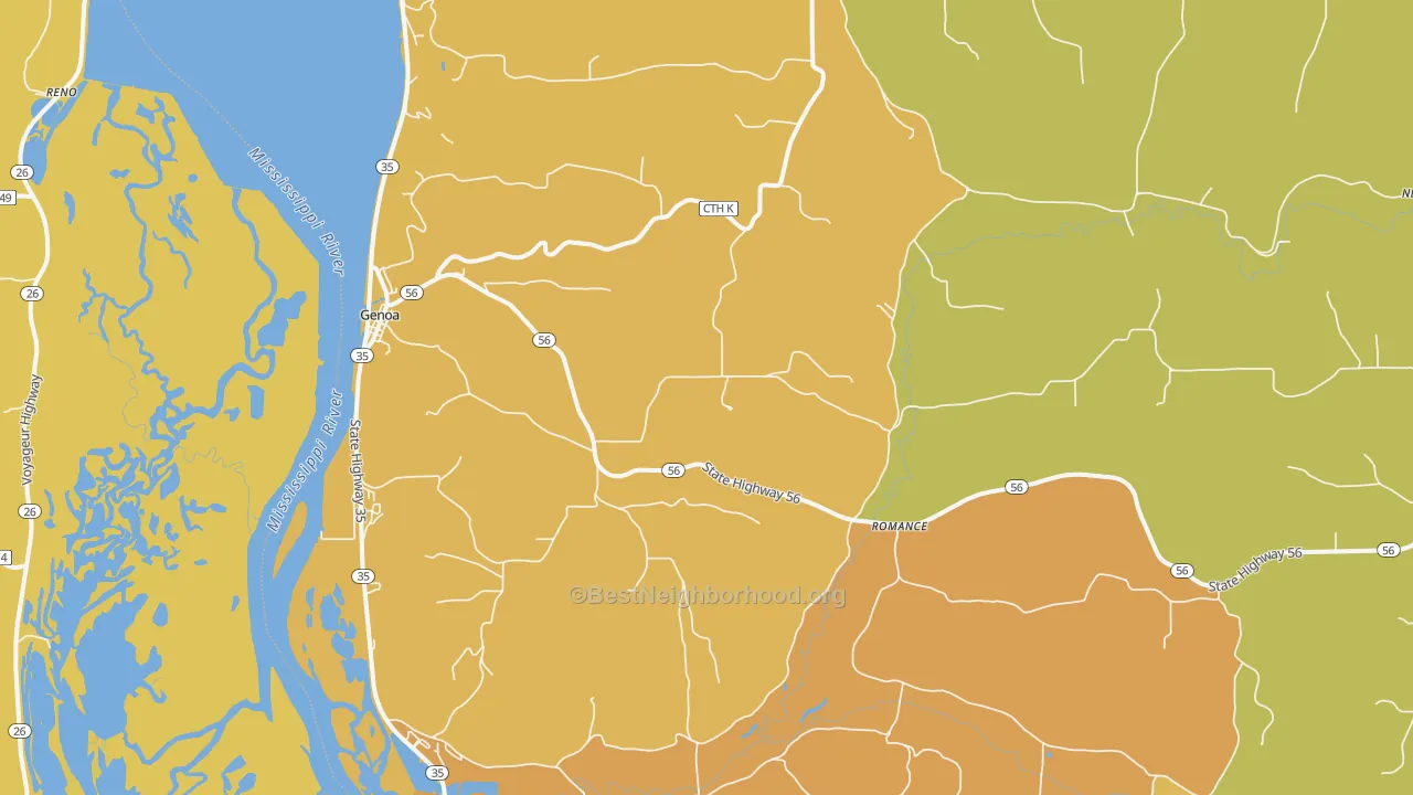 Map of the best neighborhoods in the 54632 area, with better matches in green and worse matches in red
