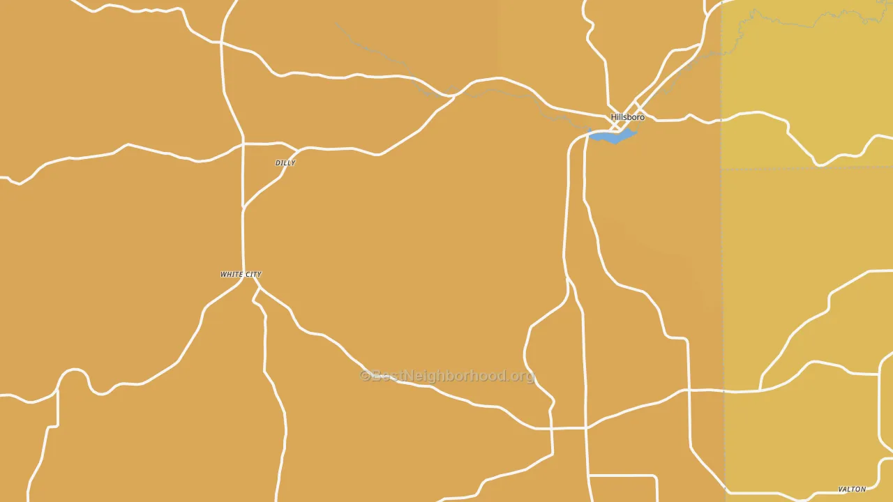 Map of the best neighborhoods in the 54634 area, with better matches in green and worse matches in red