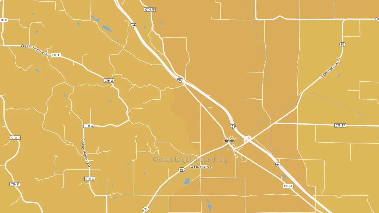 Map of the best neighborhoods in the 54635 area, with better matches in green and worse matches in red
