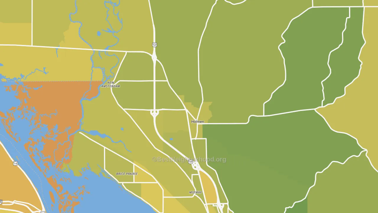 Map of the best neighborhoods in the 54636 area, with better matches in green and worse matches in red