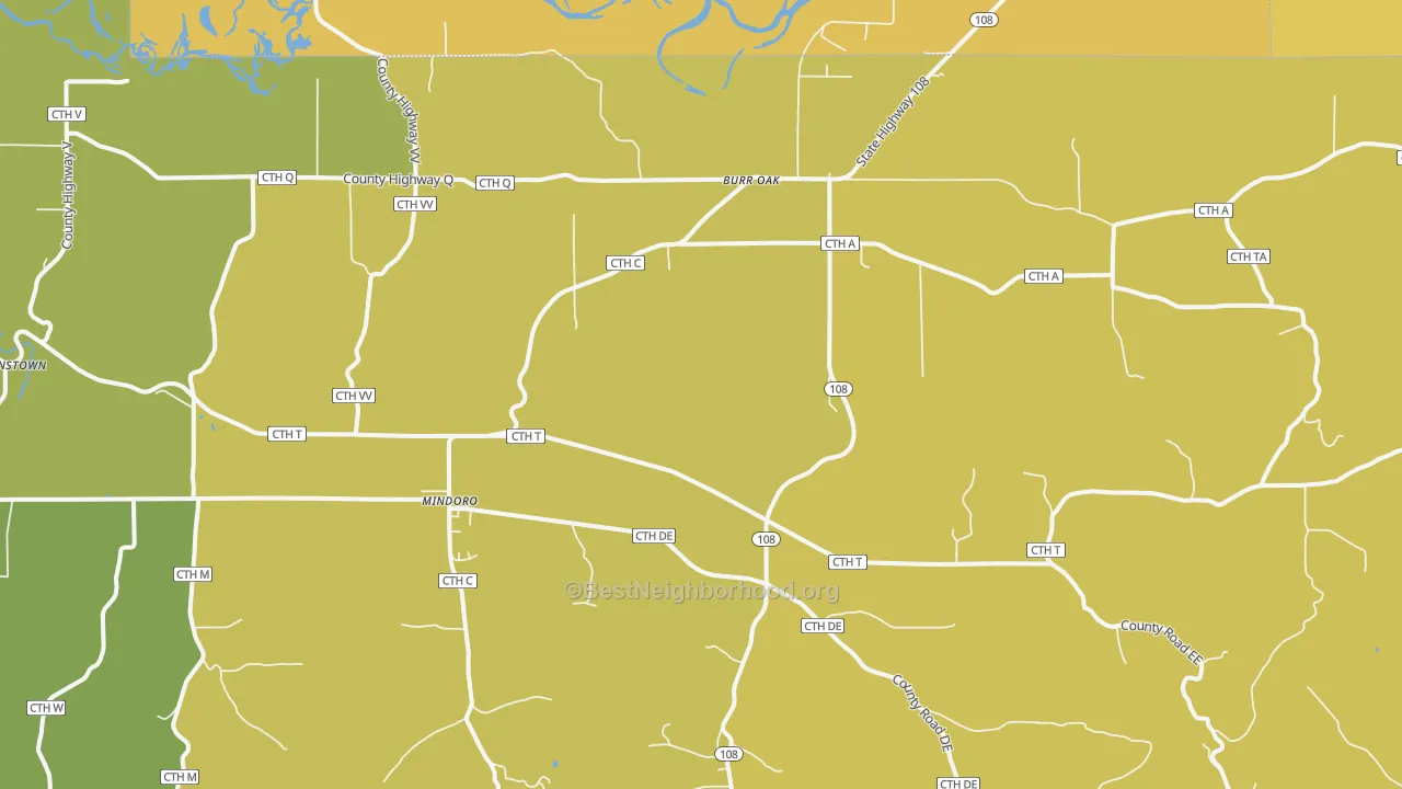 Map of the best neighborhoods in the 54644 area, with better matches in green and worse matches in red