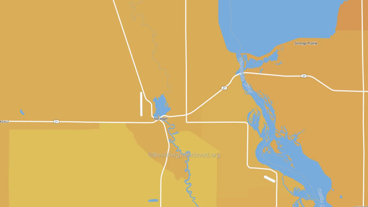Map of the best neighborhoods in the 54646 area, with better matches in green and worse matches in red