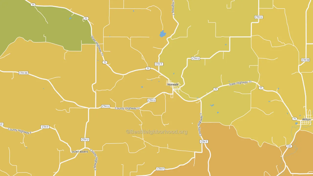 Map of the best neighborhoods in the 54648 area, with better matches in green and worse matches in red