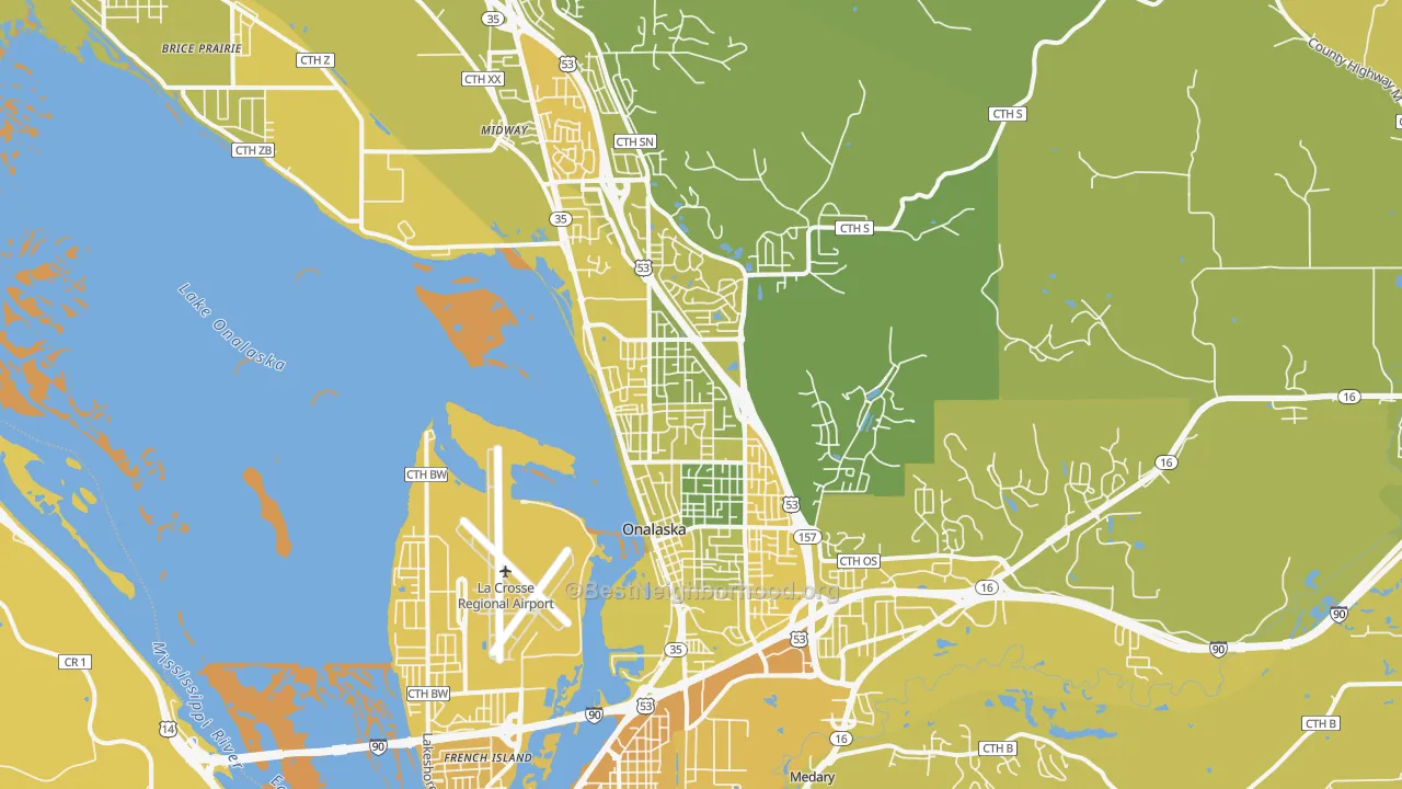 Map of the best neighborhoods in the 54650 area, with better matches in green and worse matches in red