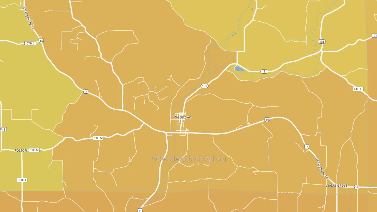 Map of the best neighborhoods in the 54652 area, with better matches in green and worse matches in red