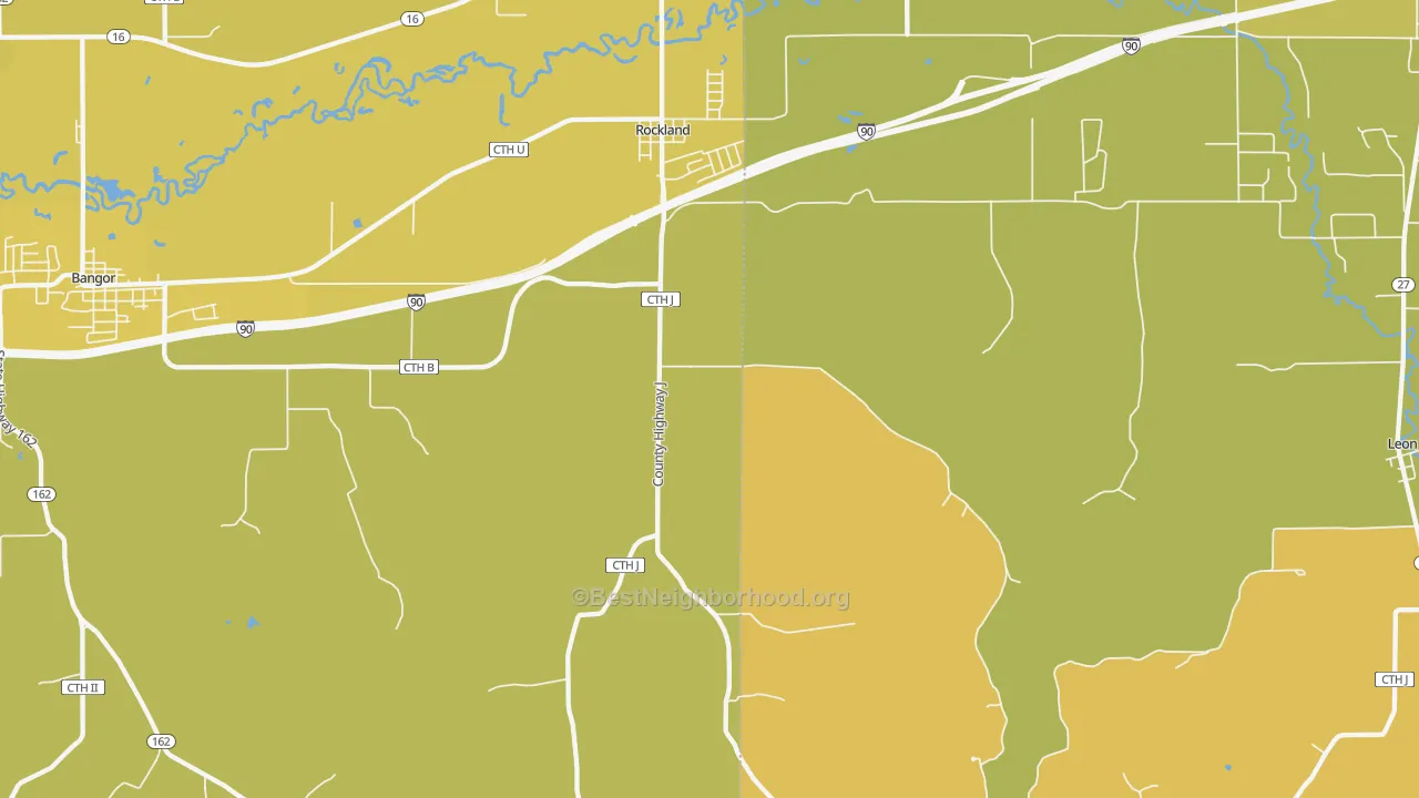 Map of the best neighborhoods in the 54653 area, with better matches in green and worse matches in red